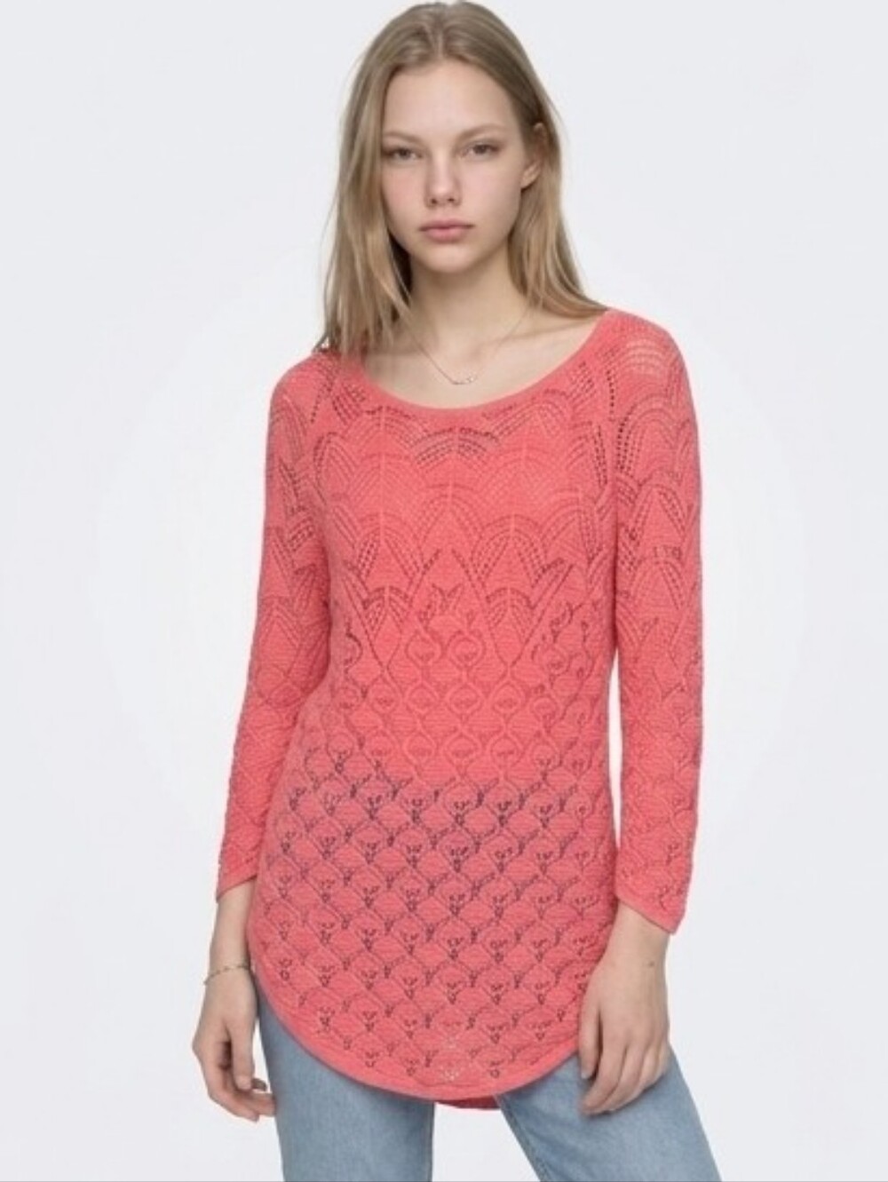 Coral Crochet Open-Knit Long Sleeve Tunic Sweater Misses Medium